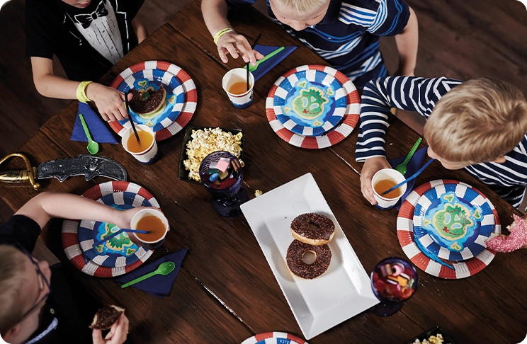 At children's birthday parties, the trays are laid out